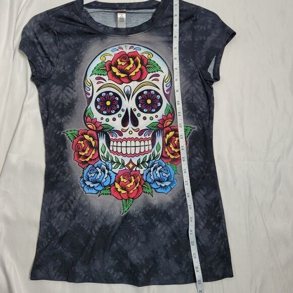 SUGAR SKULL Halloween floral short sleeve burnout‎ tee shirt M - Picture 6 of 6